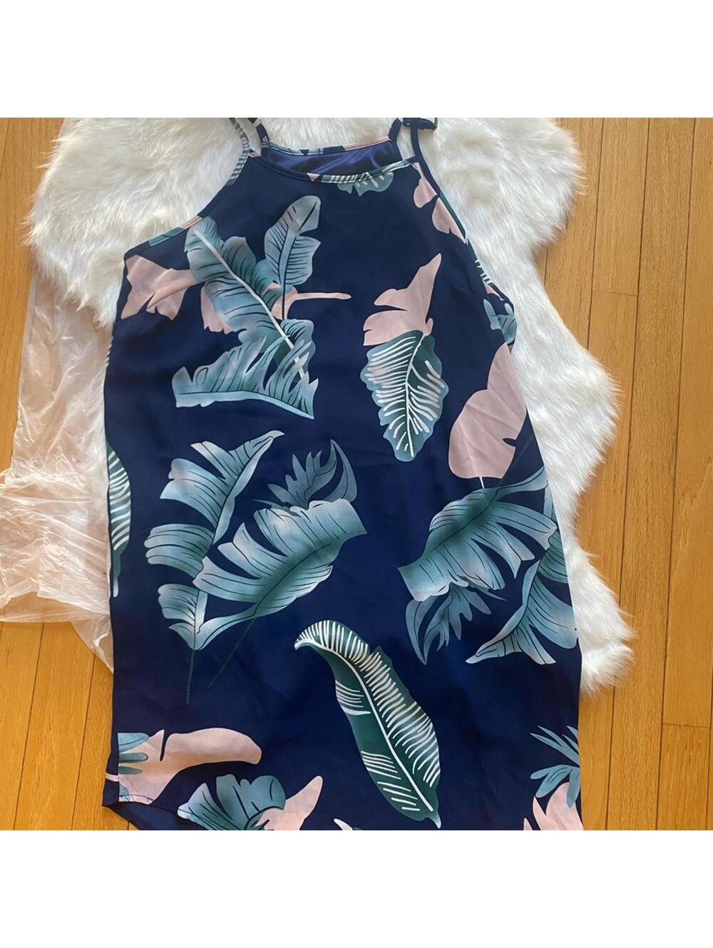 Women's Navy Blue Tropical Leaf Print Casual Dress Small